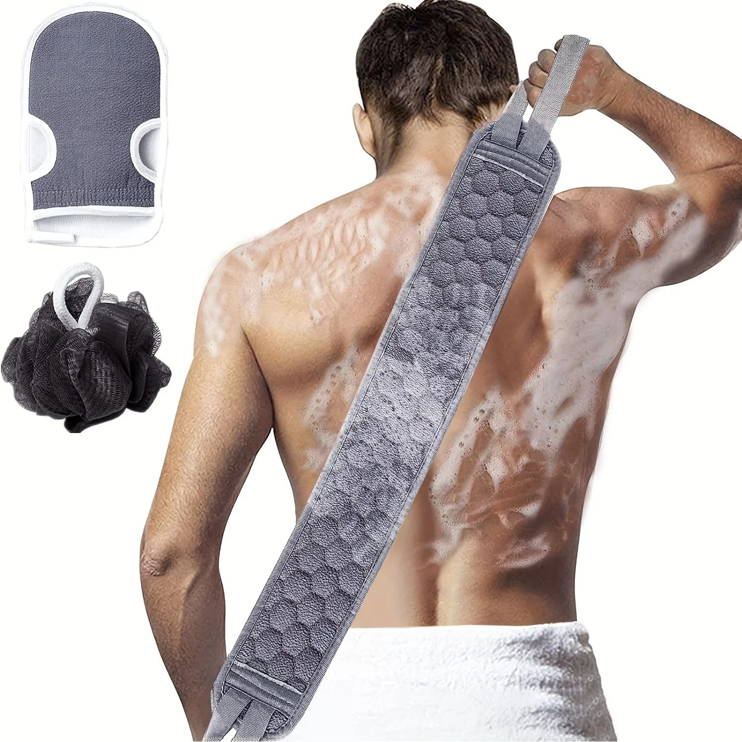 Exfoliating Body Scrubber Set - Includes Back Scrubber, Bath Glove And Shower Bath Sponge